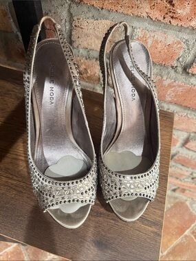 Pelle Moda Crystal Studded Taupe Slingback Peep-Toe Heels